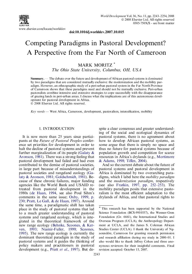 Competing Paradigms in Pastoral Development? A Perspective from the Far North of Cameroon