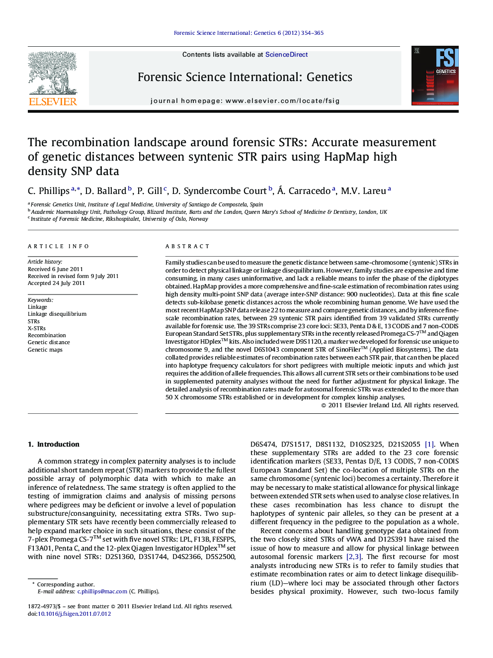 The recombination landscape around forensic STRs: Accurate measurement of genetic distances between syntenic STR pairs using HapMap high density SNP data