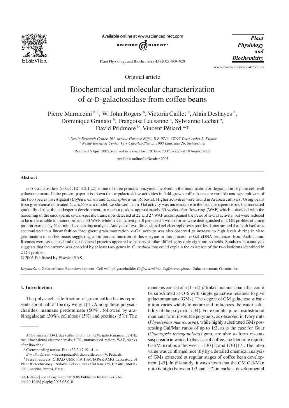 Biochemical and molecular characterization of Î±-d-galactosidase from coffee beans