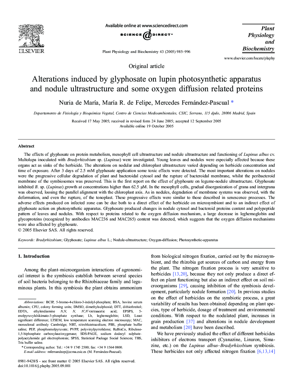 Alterations induced byÂ glyphosate onÂ lupin photosynthetic apparatus andÂ nodule ultrastructure andÂ someÂ oxygen diffusion related proteins