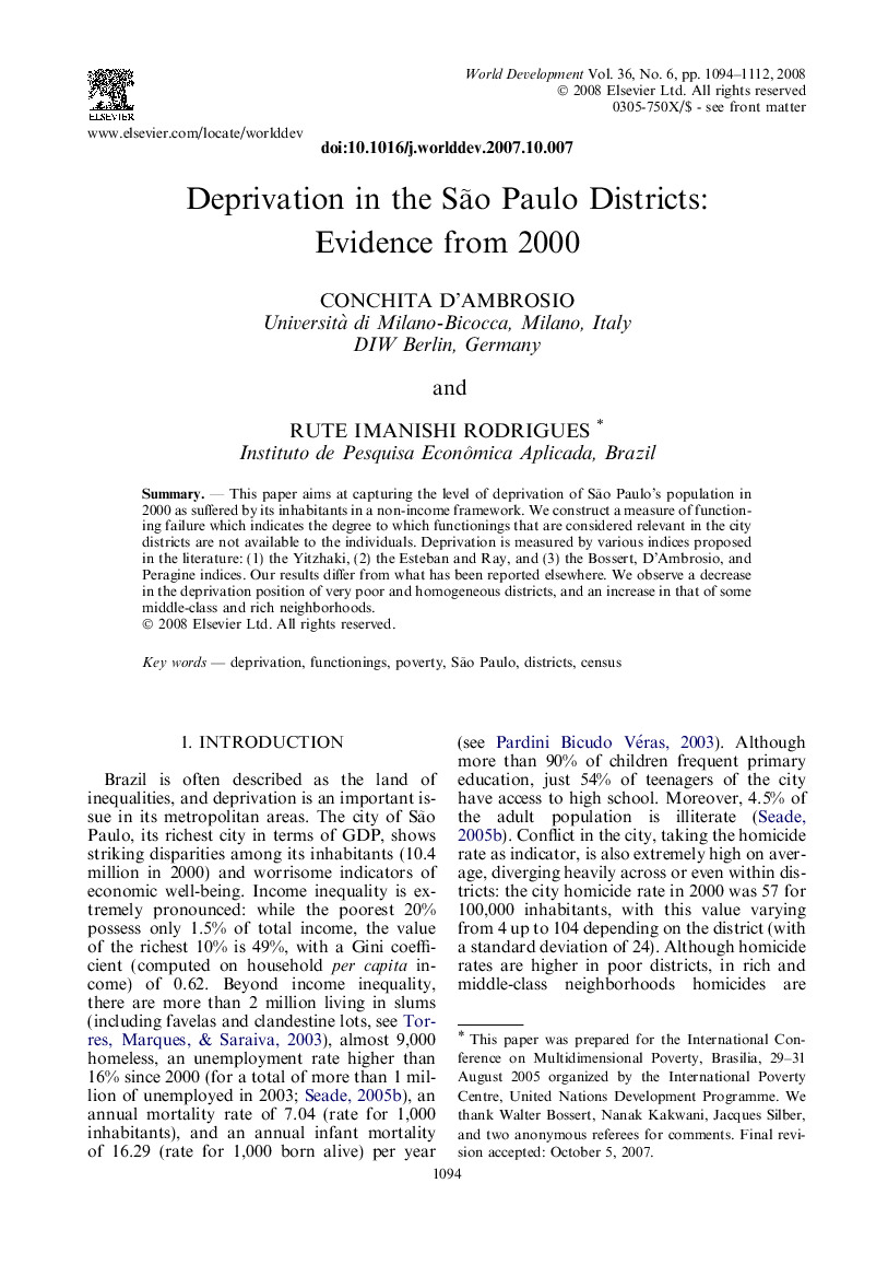 Deprivation in the São Paulo Districts: Evidence from 2000