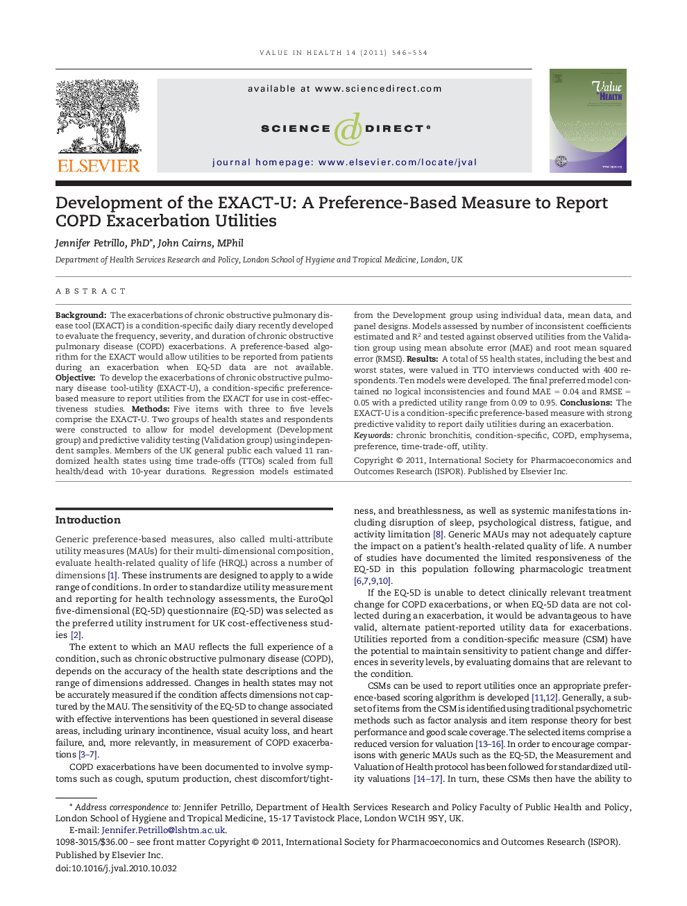 Development of the EXACT-U: A Preference-Based Measure to Report COPD Exacerbation Utilities