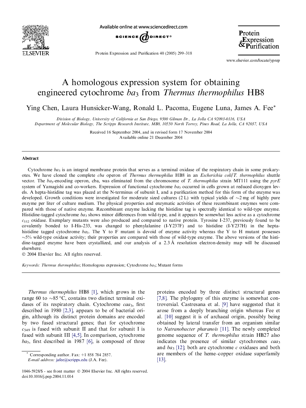 A homologous expression system for obtaining engineered cytochrome ba3 from Thermus thermophilus HB8