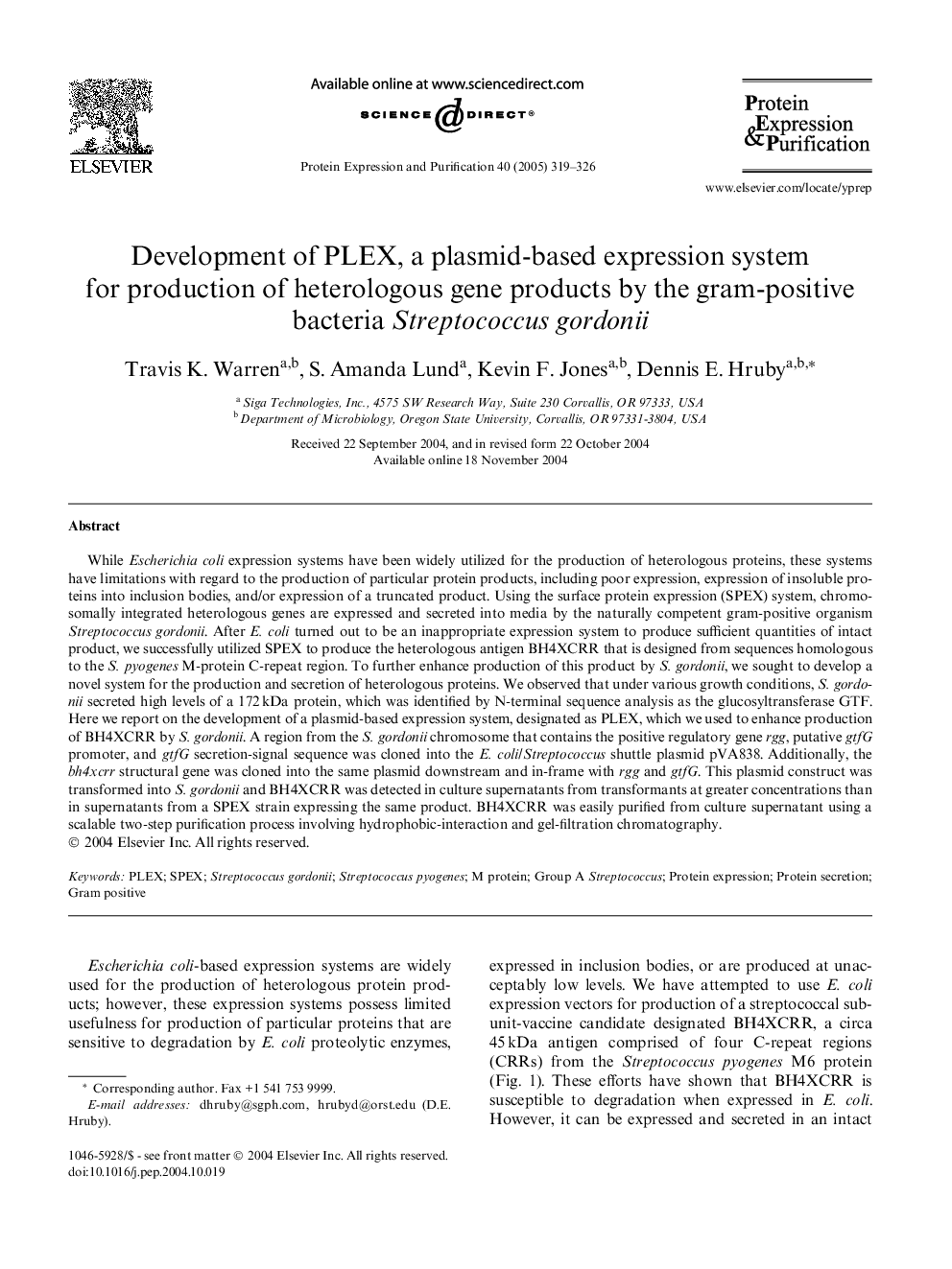 Development of PLEX, a plasmid-based expression system for production of heterologous gene products by the gram-positive bacteria Streptococcus gordonii