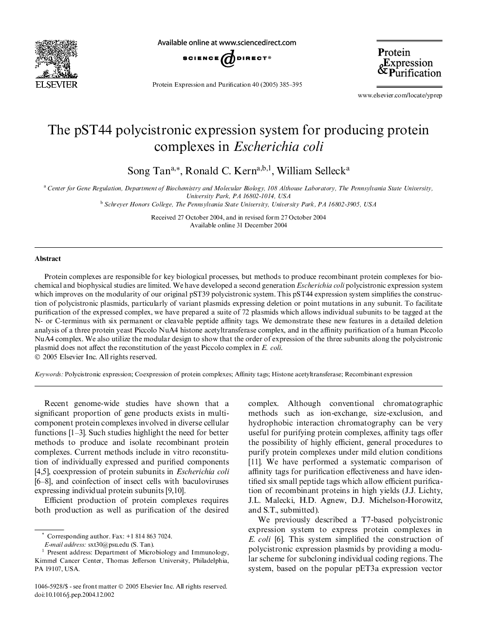 The pST44 polycistronic expression system for producing protein complexes in Escherichia coli