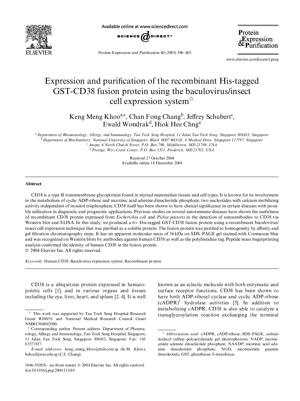 Expression and purification of the recombinant His-tagged GST-CD38 fusion protein using the baculovirus/insect cell expression system