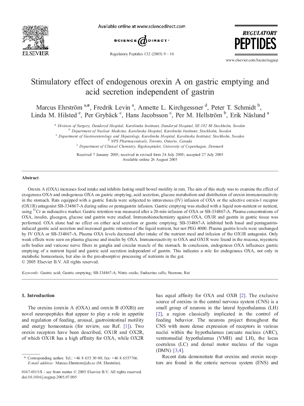 Stimulatory effect of endogenous orexin A on gastric emptying and acid secretion independent of gastrin