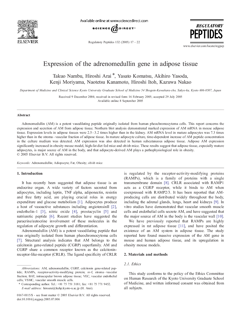 Expression of the adrenomedullin gene in adipose tissue