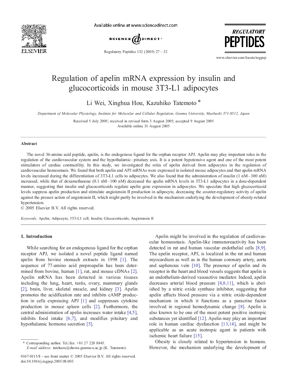 Regulation of apelin mRNA expression by insulin and glucocorticoids in mouse 3T3-L1 adipocytes