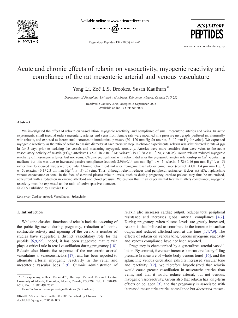 Acute and chronic effects of relaxin on vasoactivity, myogenic reactivity and compliance of the rat mesenteric arterial and venous vasculature