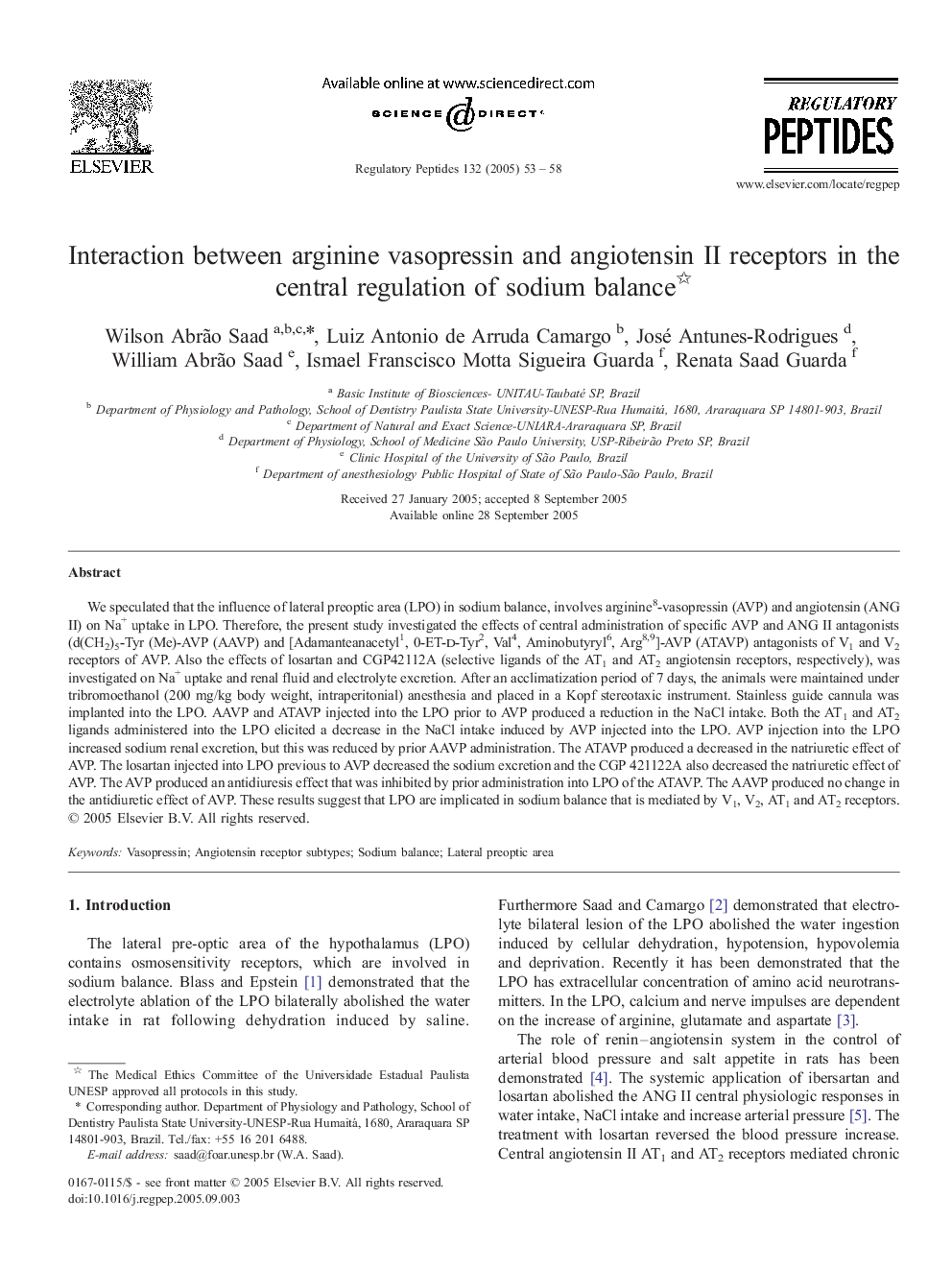 Interaction between arginine vasopressin and angiotensin II receptors in the central regulation of sodium balance