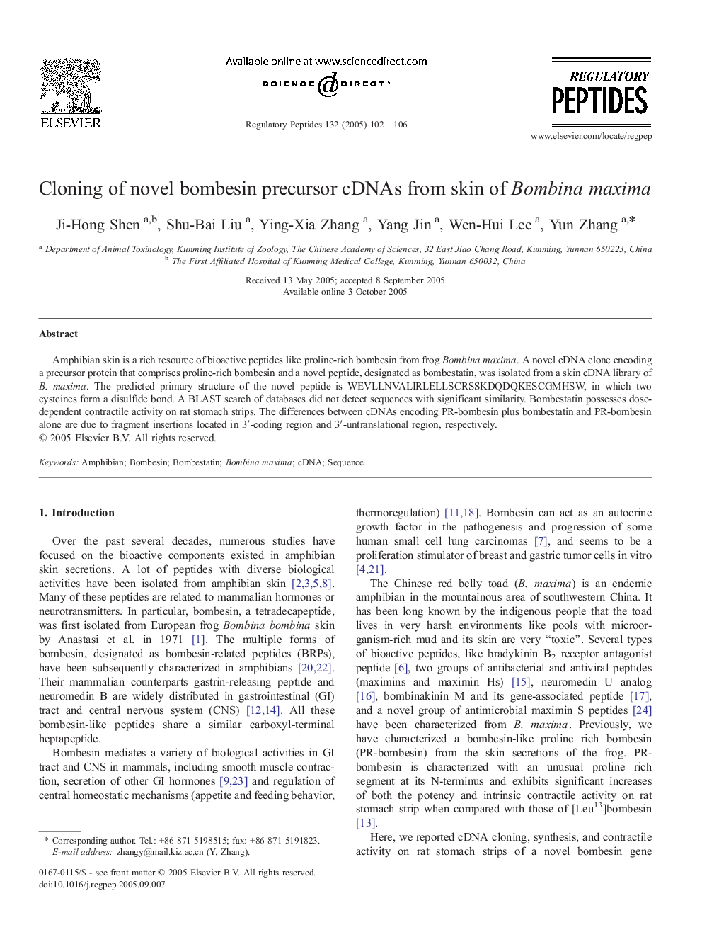 Cloning of novel bombesin precursor cDNAs from skin of Bombina maxima