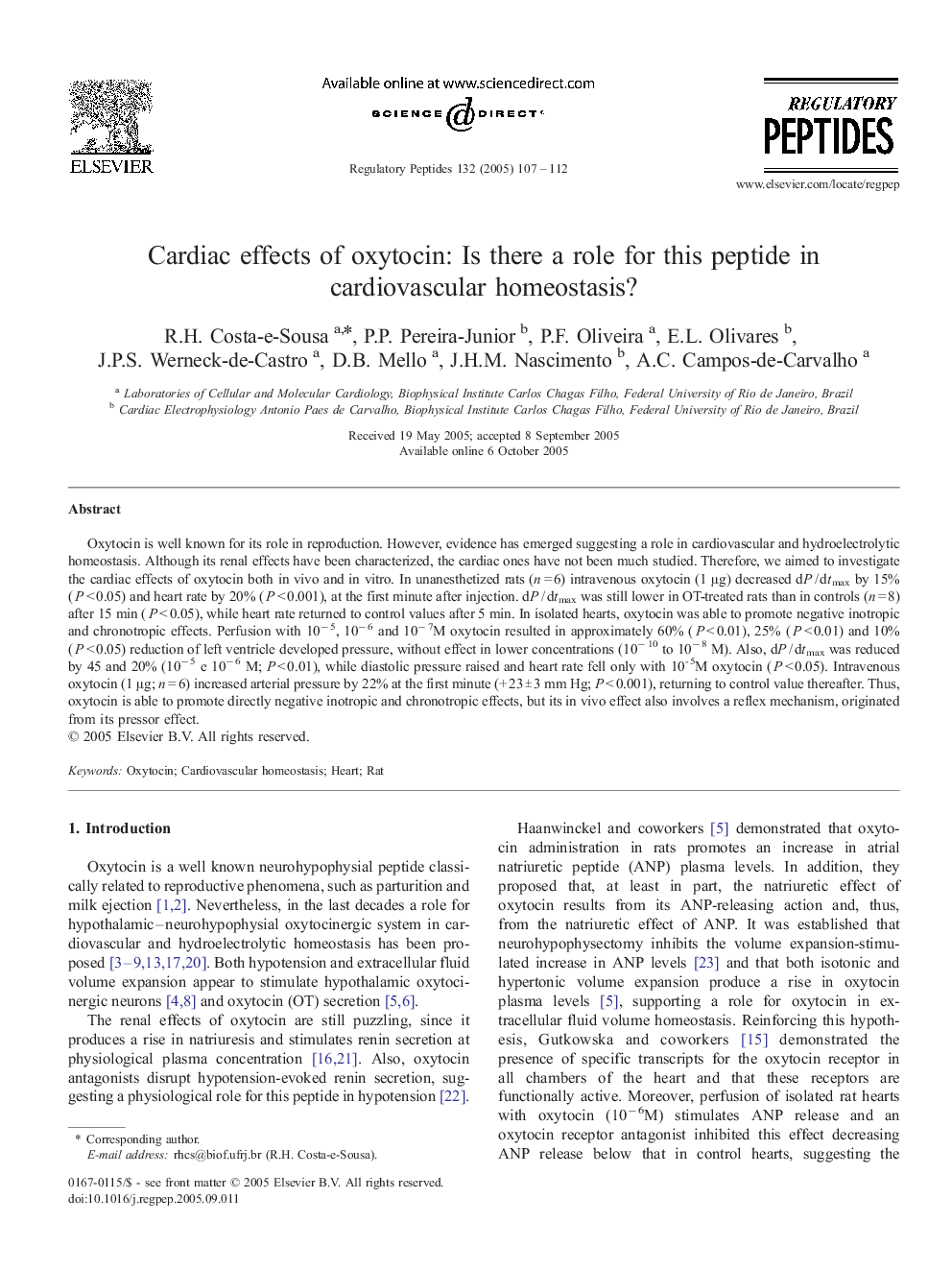 Cardiac effects of oxytocin: Is there a role for this peptide in cardiovascular homeostasis?