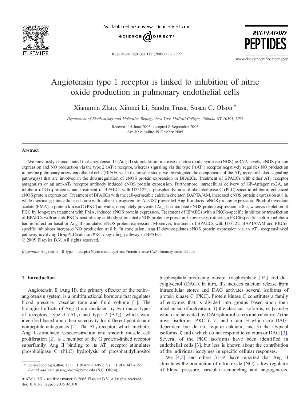 Angiotensin type 1 receptor is linked to inhibition of nitric oxide production in pulmonary endothelial cells