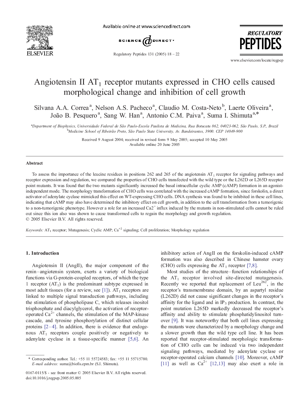 Angiotensin II AT1 receptor mutants expressed in CHO cells caused morphological change and inhibition of cell growth