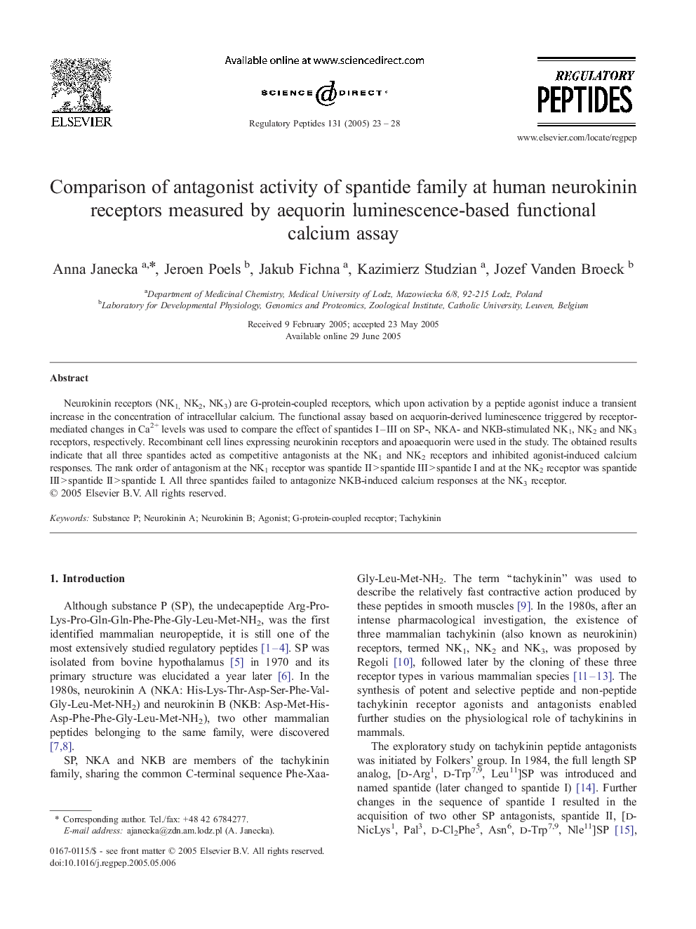 Comparison of antagonist activity of spantide family at human neurokinin receptors measured by aequorin luminescence-based functional calcium assay