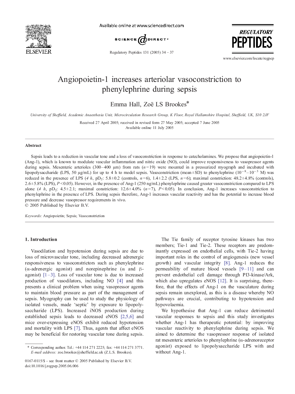 Angiopoietin-1 increases arteriolar vasoconstriction to phenylephrine during sepsis