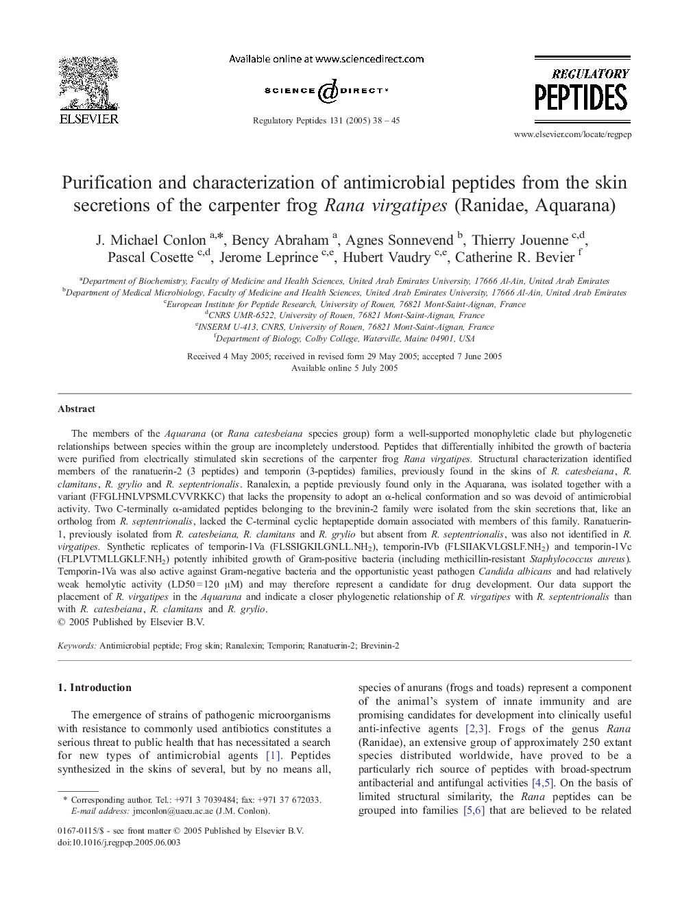 Purification and characterization of antimicrobial peptides from the skin secretions of the carpenter frog Rana virgatipes (Ranidae, Aquarana)