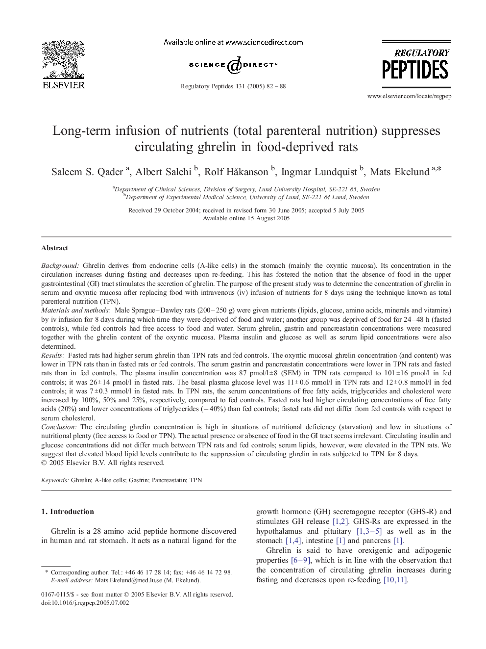 Long-term infusion of nutrients (total parenteral nutrition) suppresses circulating ghrelin in food-deprived rats