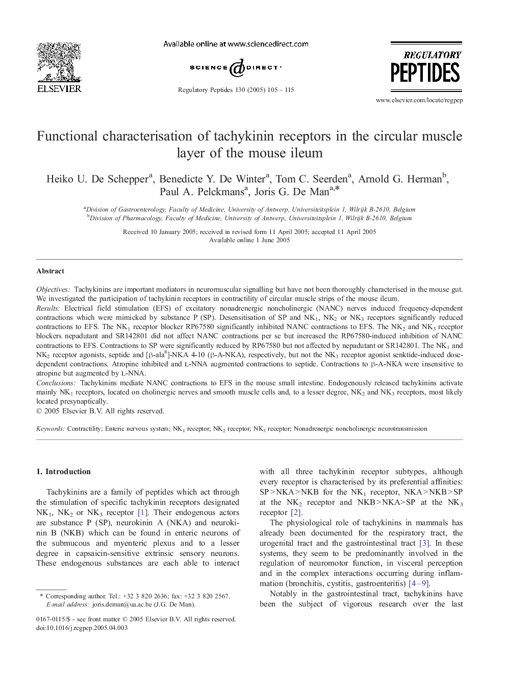 Functional characterisation of tachykinin receptors in the circular muscle layer of the mouse ileum