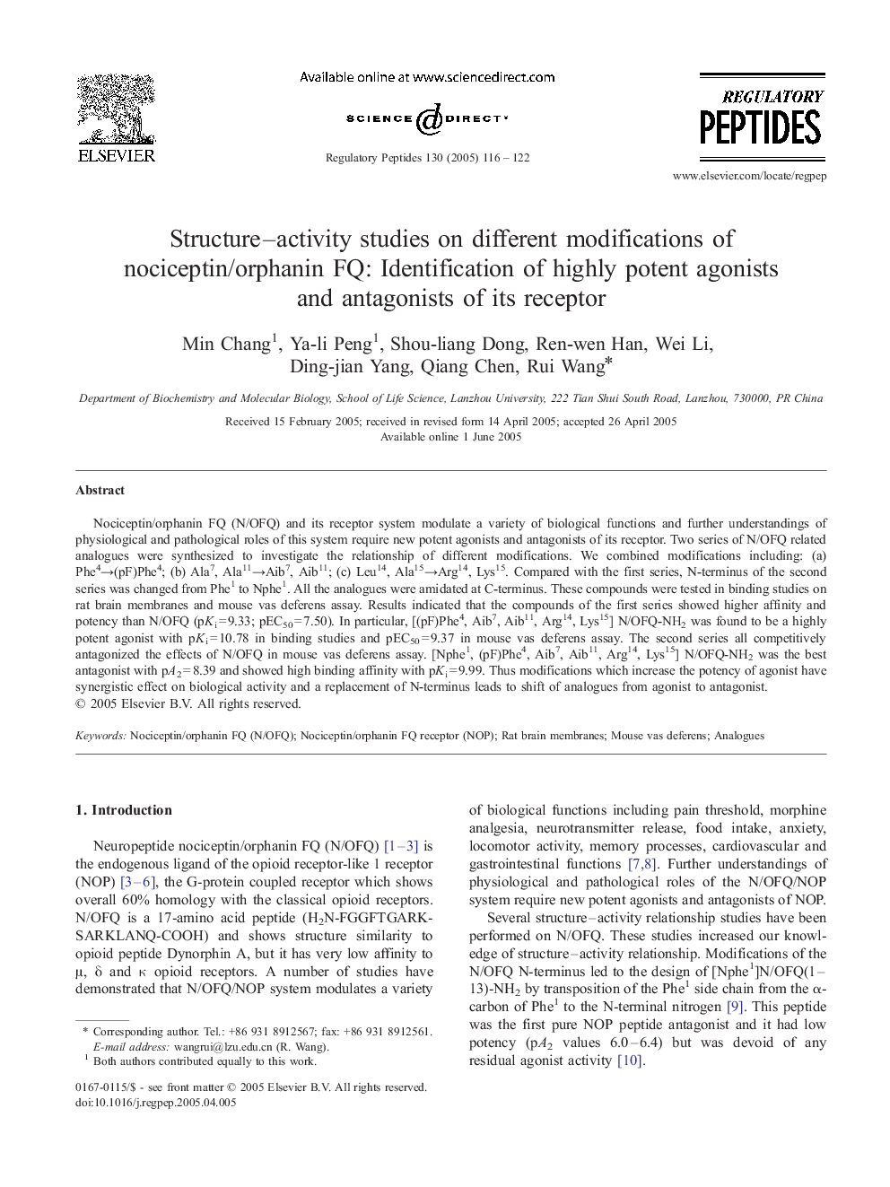 Structure-activity studies on different modifications of nociceptin/orphanin FQ: Identification of highly potent agonists and antagonists of its receptor