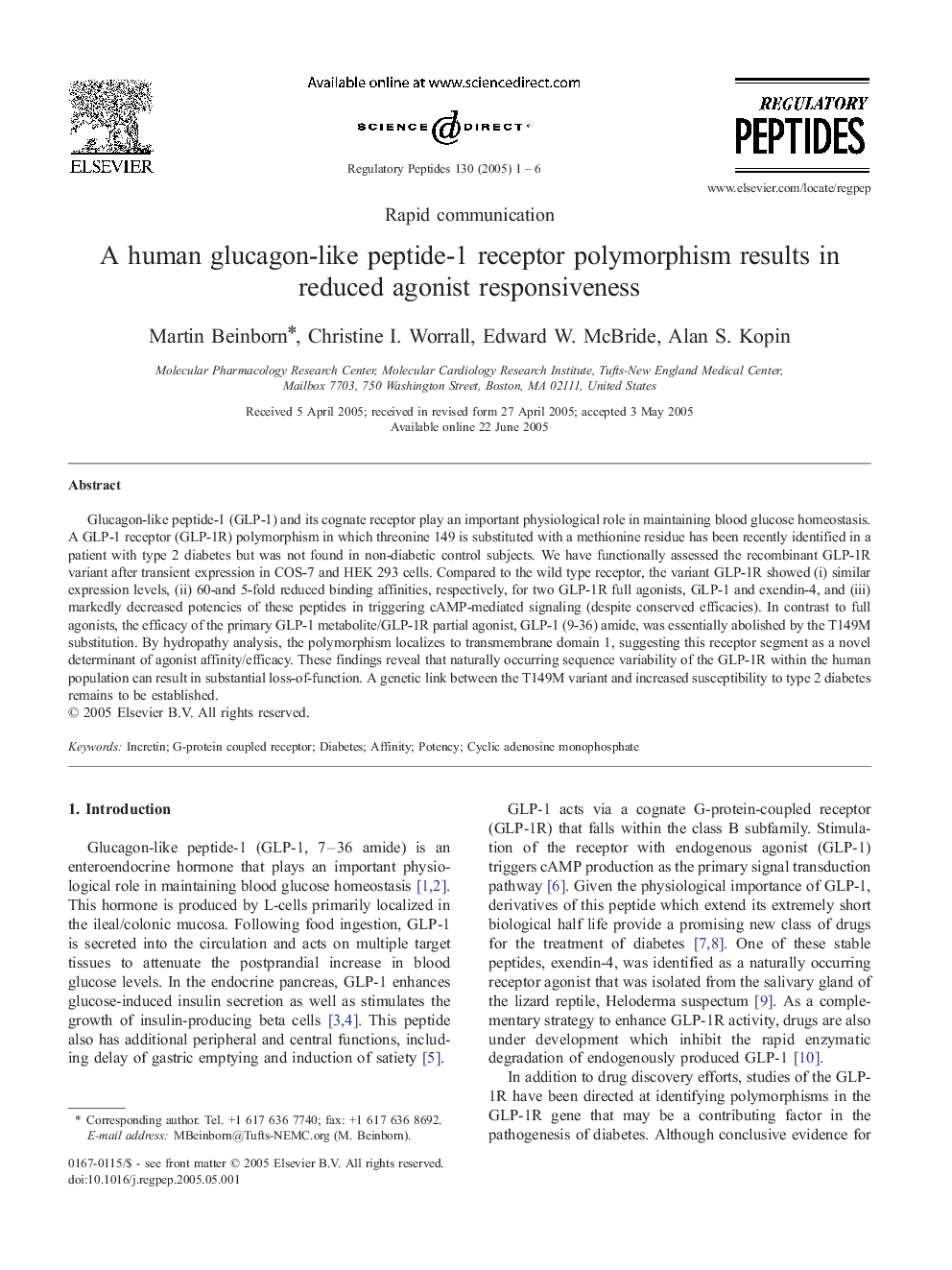 A human glucagon-like peptide-1 receptor polymorphism results in reduced agonist responsiveness