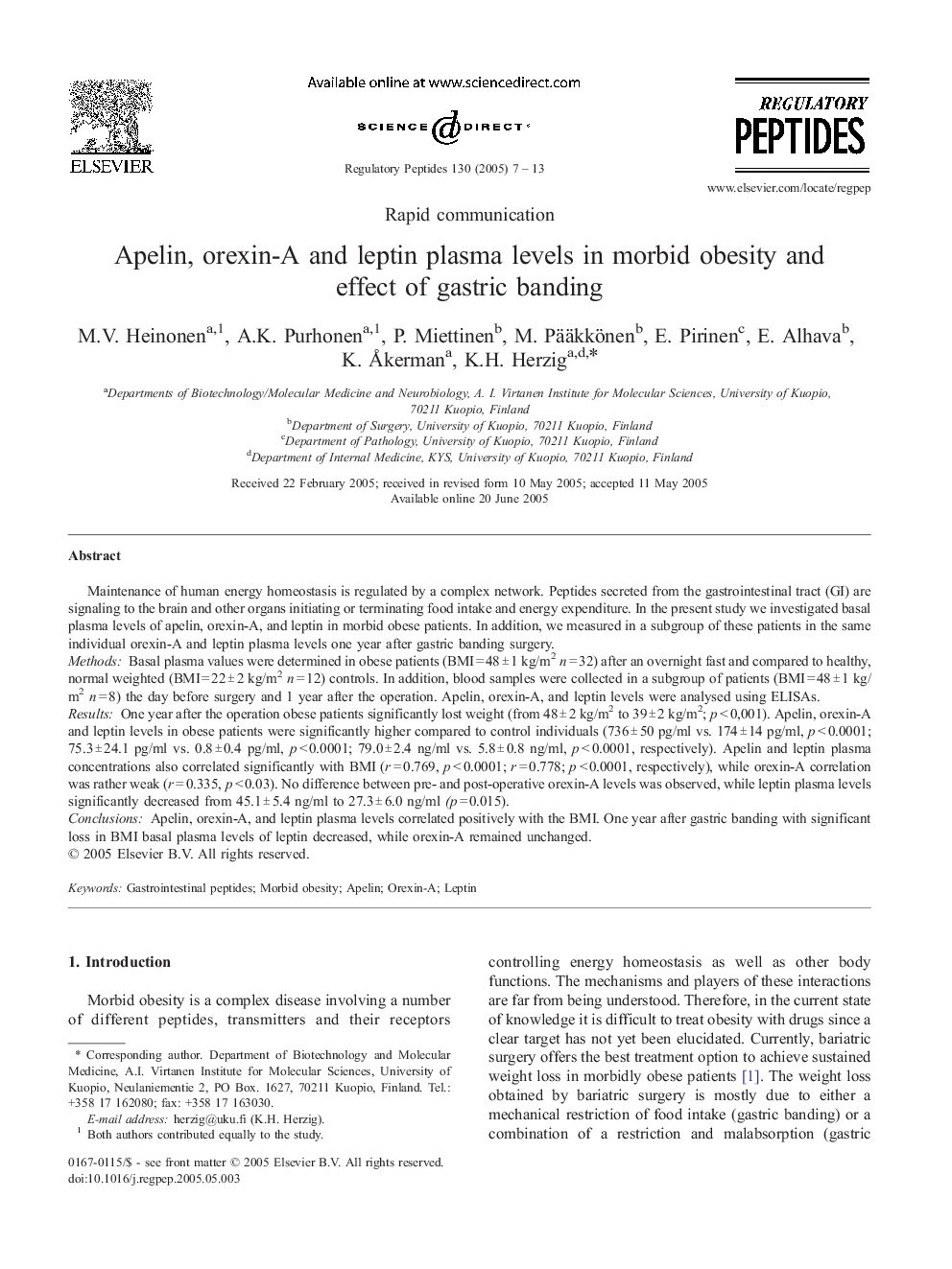 Apelin, orexin-A and leptin plasma levels in morbid obesity and effect of gastric banding