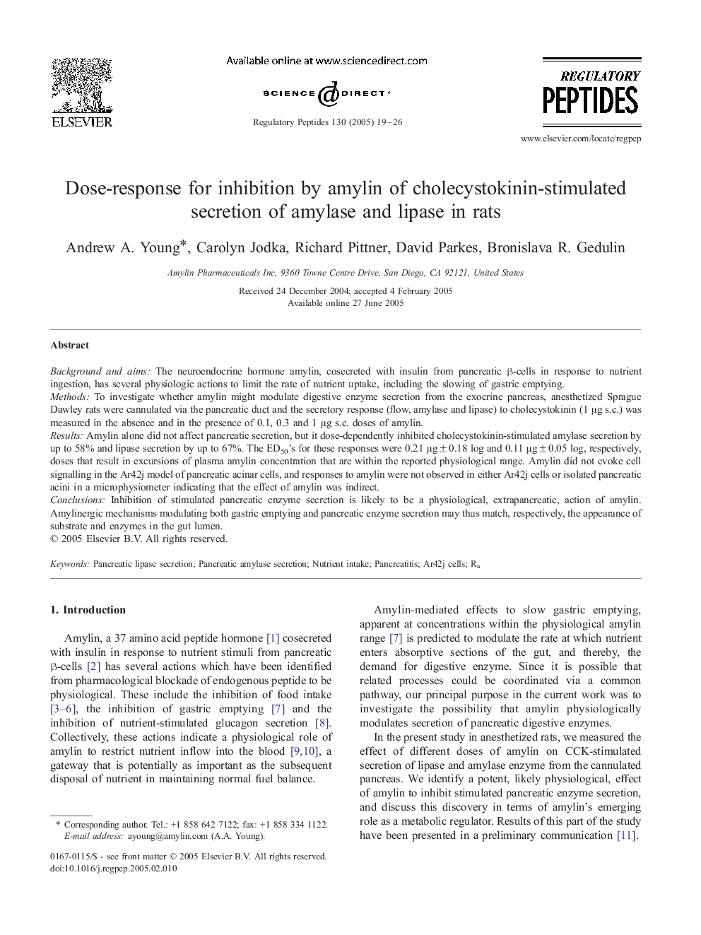 Dose-response for inhibition by amylin of cholecystokinin-stimulated secretion of amylase and lipase in rats