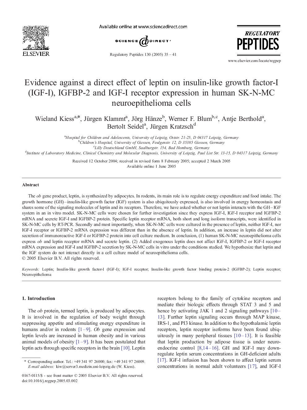 Evidence against a direct effect of leptin on insulin-like growth factor-I (IGF-I), IGFBP-2 and IGF-I receptor expression in human SK-N-MC neuroepithelioma cells