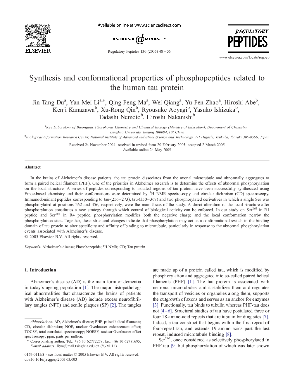 Synthesis and conformational properties of phosphopeptides related to the human tau protein