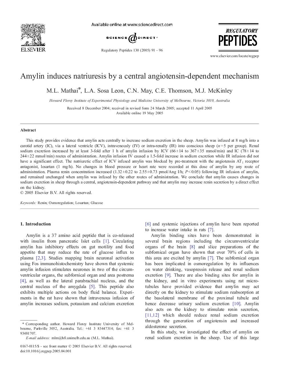 Amylin induces natriuresis by a central angiotensin-dependent mechanism