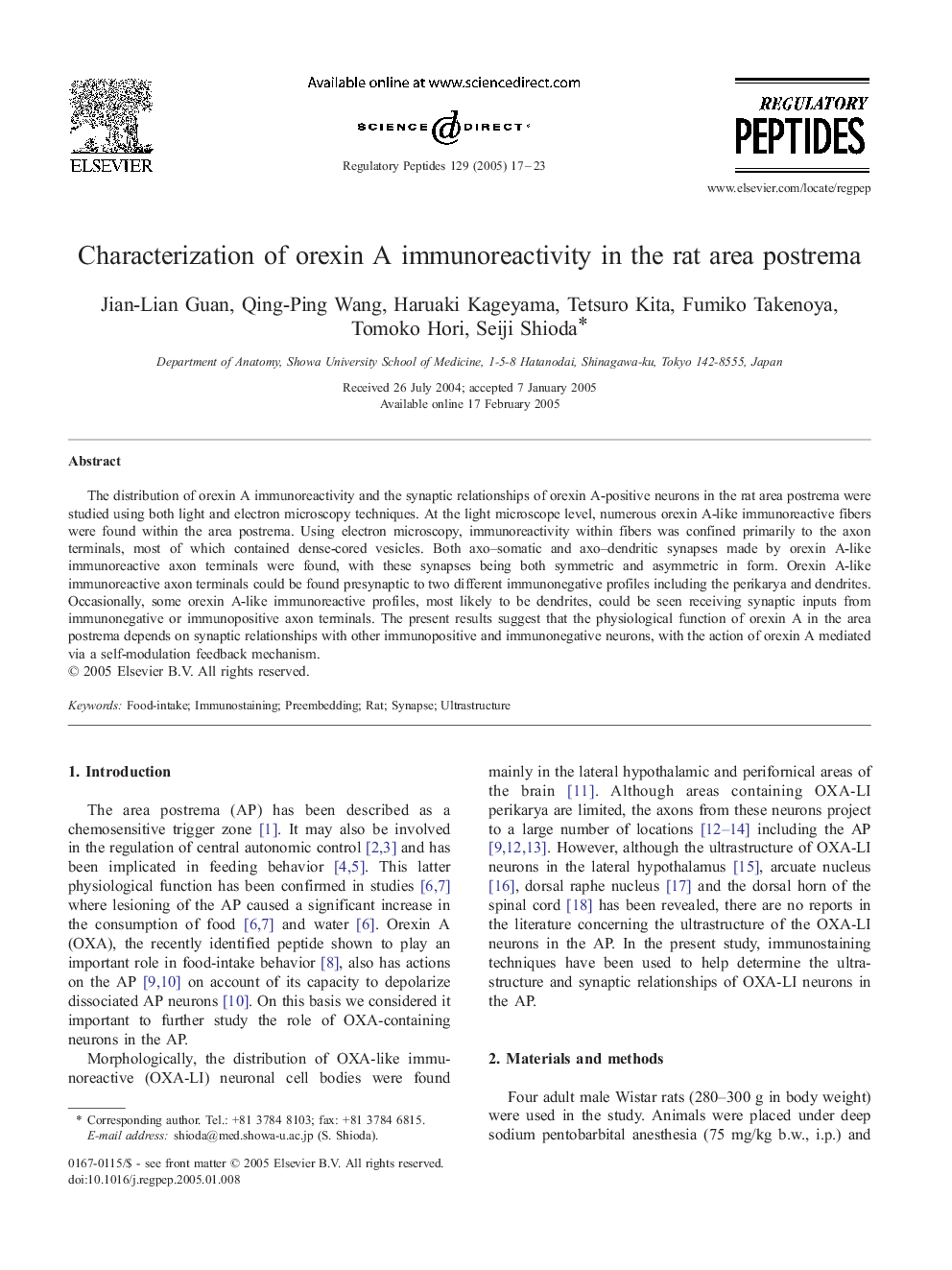 Characterization of orexin A immunoreactivity in the rat area postrema