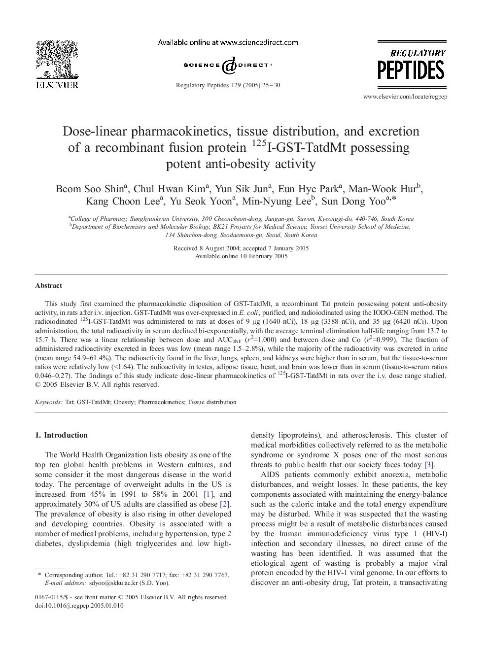 Dose-linear pharmacokinetics, tissue distribution, and excretion of a recombinant fusion protein 125I-GST-TatdMt possessing potent anti-obesity activity