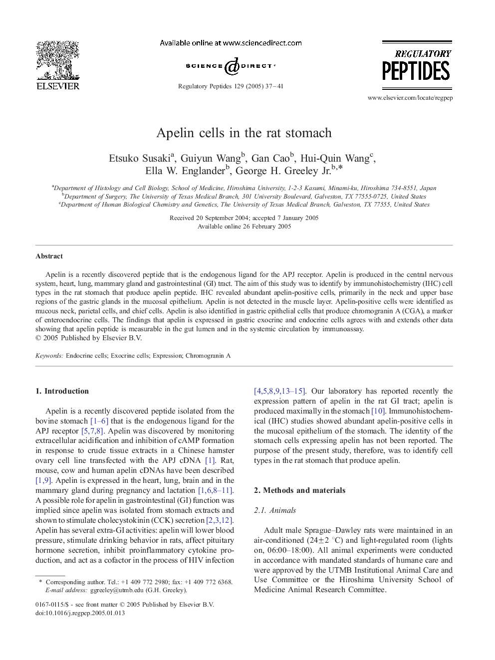 Apelin cells in the rat stomach