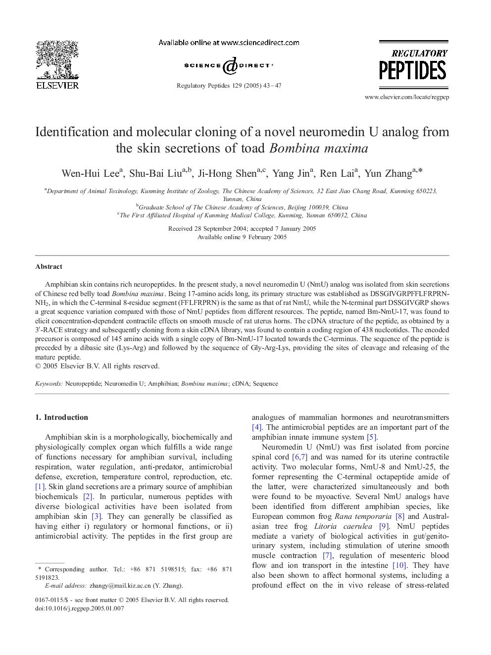 Identification and molecular cloning of a novel neuromedin U analog from the skin secretions of toad Bombina maxima