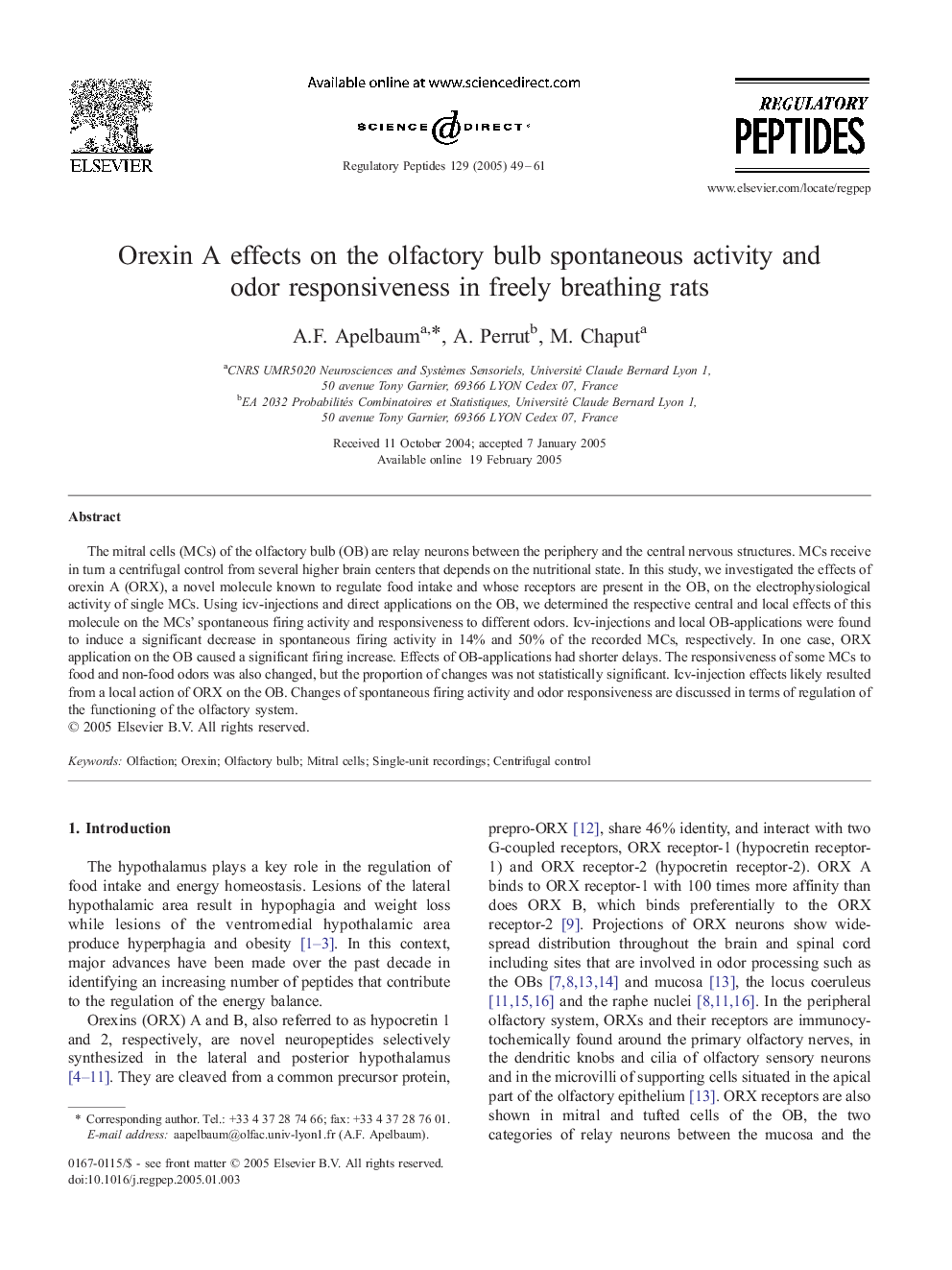 Orexin A effects on the olfactory bulb spontaneous activity and odor responsiveness in freely breathing rats