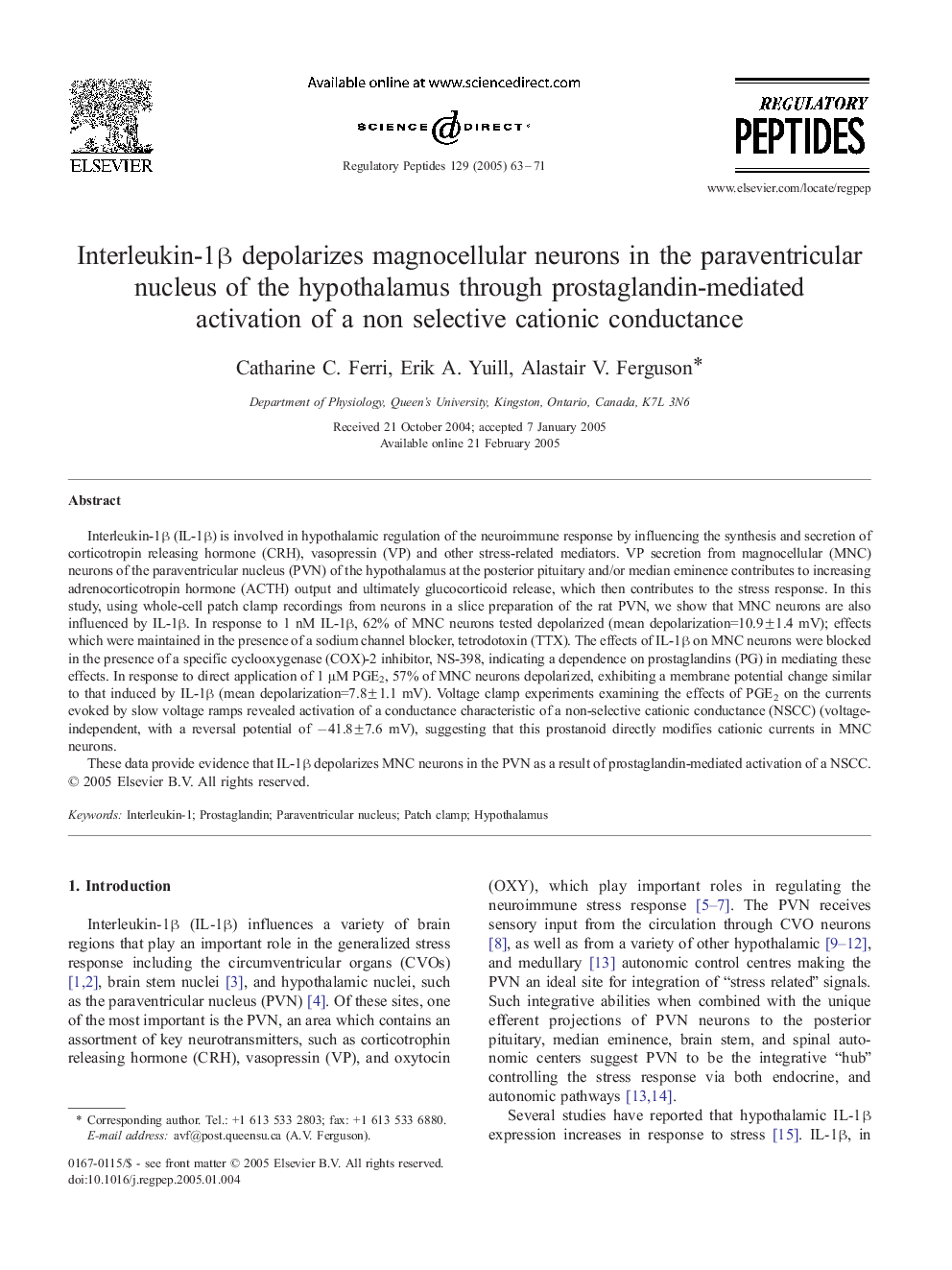 Interleukin-1Î² depolarizes magnocellular neurons in the paraventricular nucleus of the hypothalamus through prostaglandin-mediated activation of a non selective cationic conductance