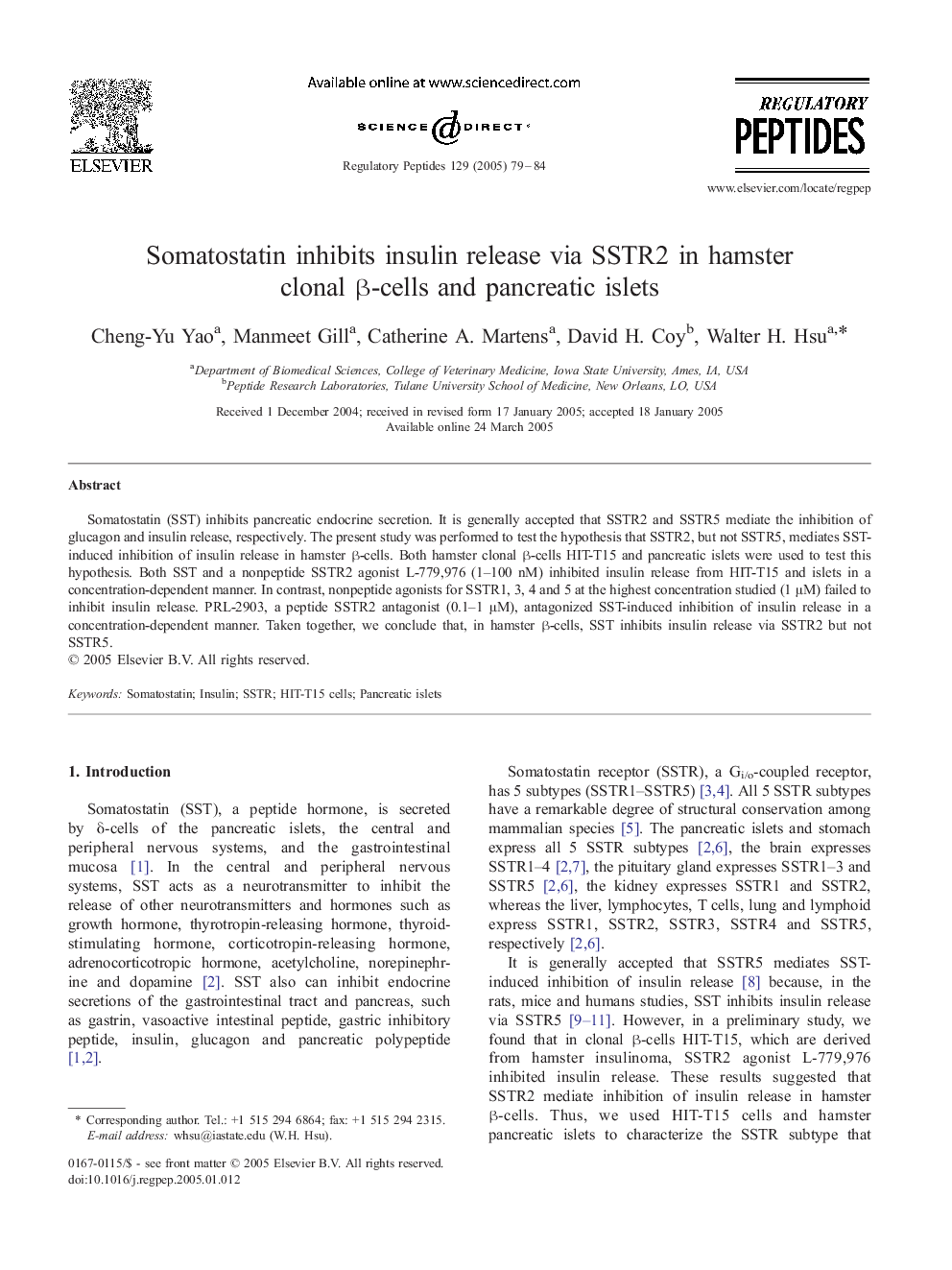 Somatostatin inhibits insulin release via SSTR2 in hamster clonal Î²-cells and pancreatic islets