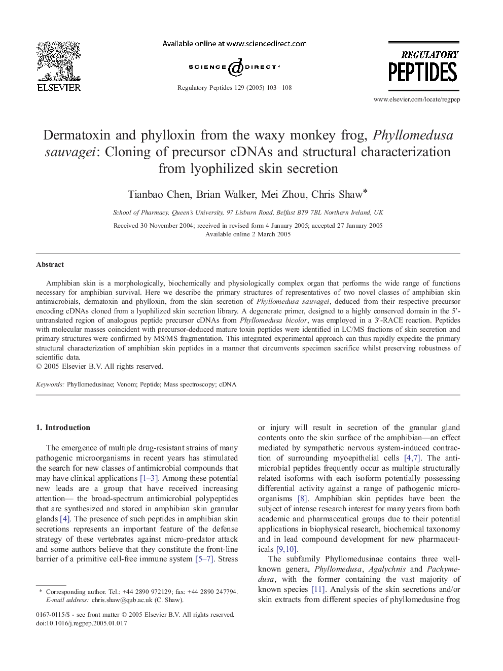 Dermatoxin and phylloxin from the waxy monkey frog, Phyllomedusa sauvagei: Cloning of precursor cDNAs and structural characterization from lyophilized skin secretion