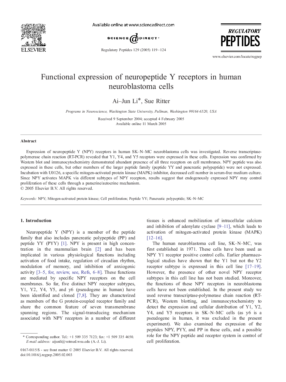 Functional expression of neuropeptide Y receptors in human neuroblastoma cells