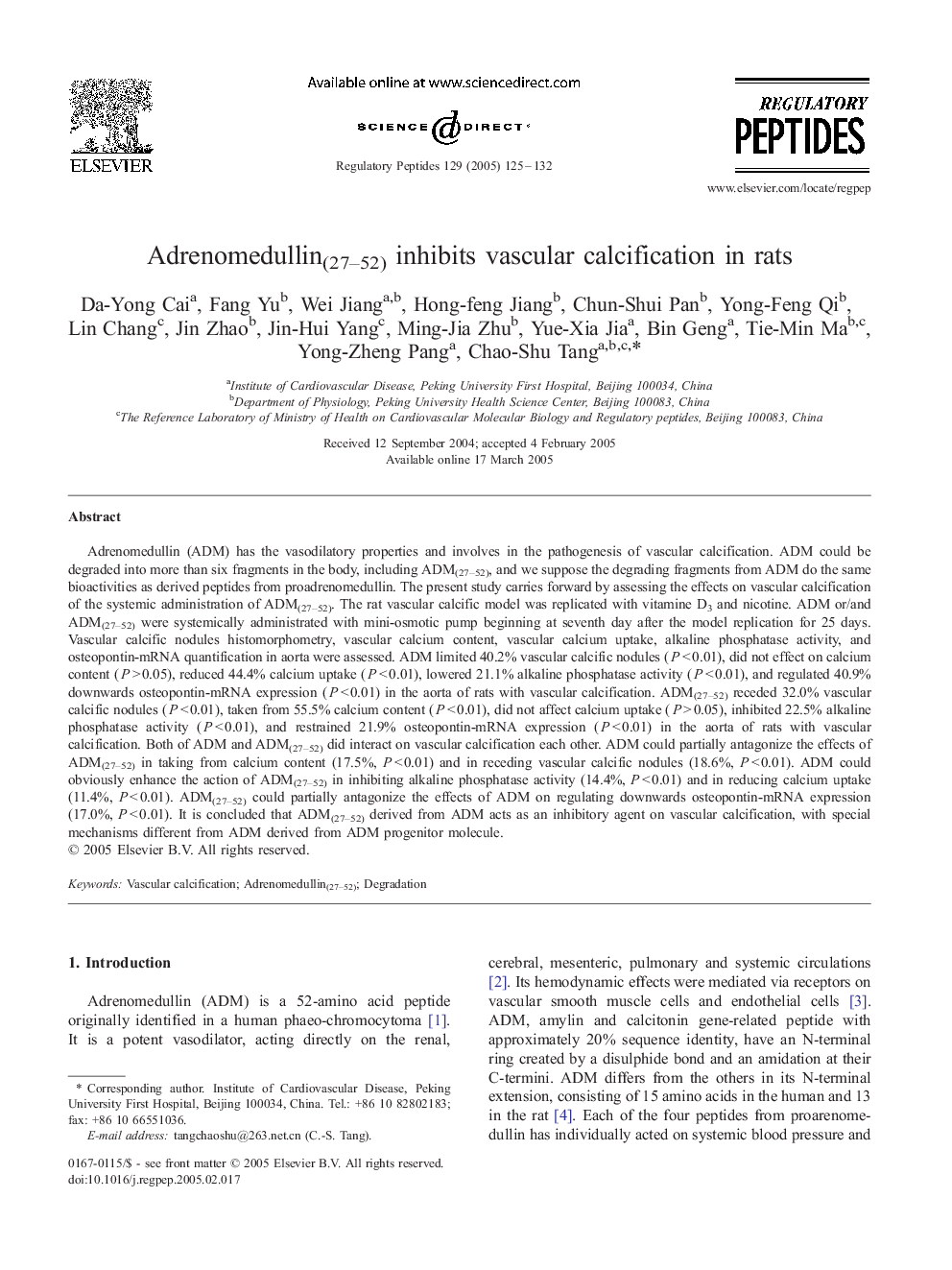 Adrenomedullin(27-52) inhibits vascular calcification in rats