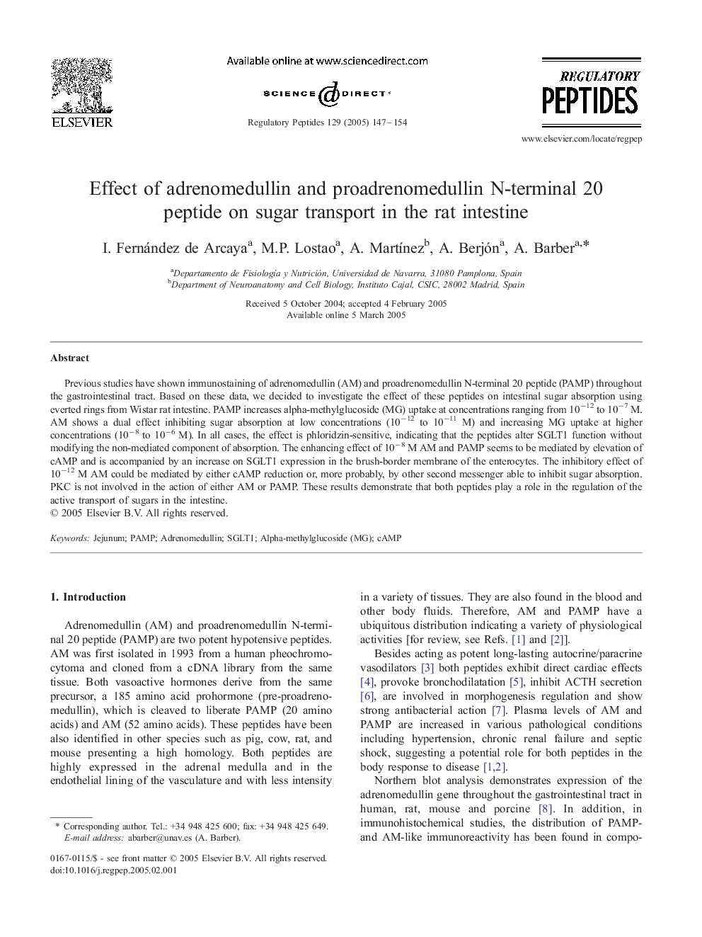 Effect of adrenomedullin and proadrenomedullin N-terminal 20 peptide on sugar transport in the rat intestine