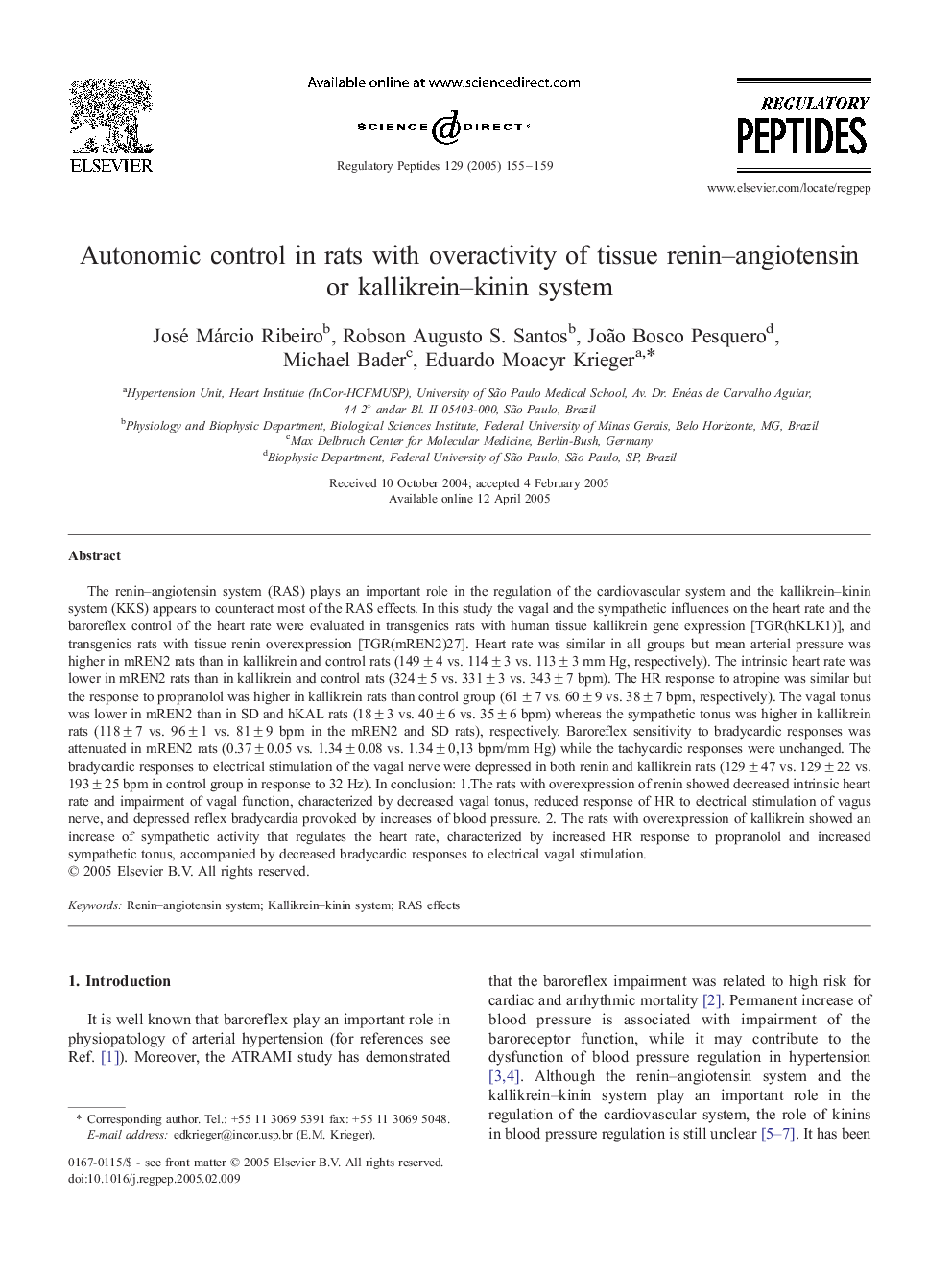 Autonomic control in rats with overactivity of tissue renin-angiotensin or kallikrein-kinin system