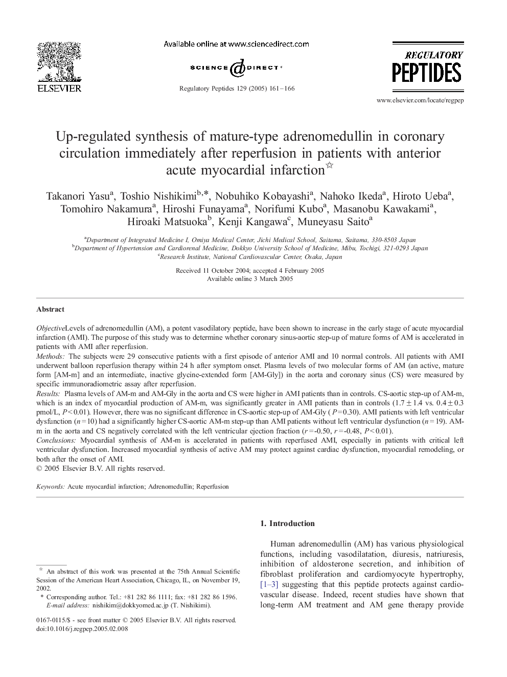 Up-regulated synthesis of mature-type adrenomedullin in coronary circulation immediately after reperfusion in patients with anterior acute myocardial infarction