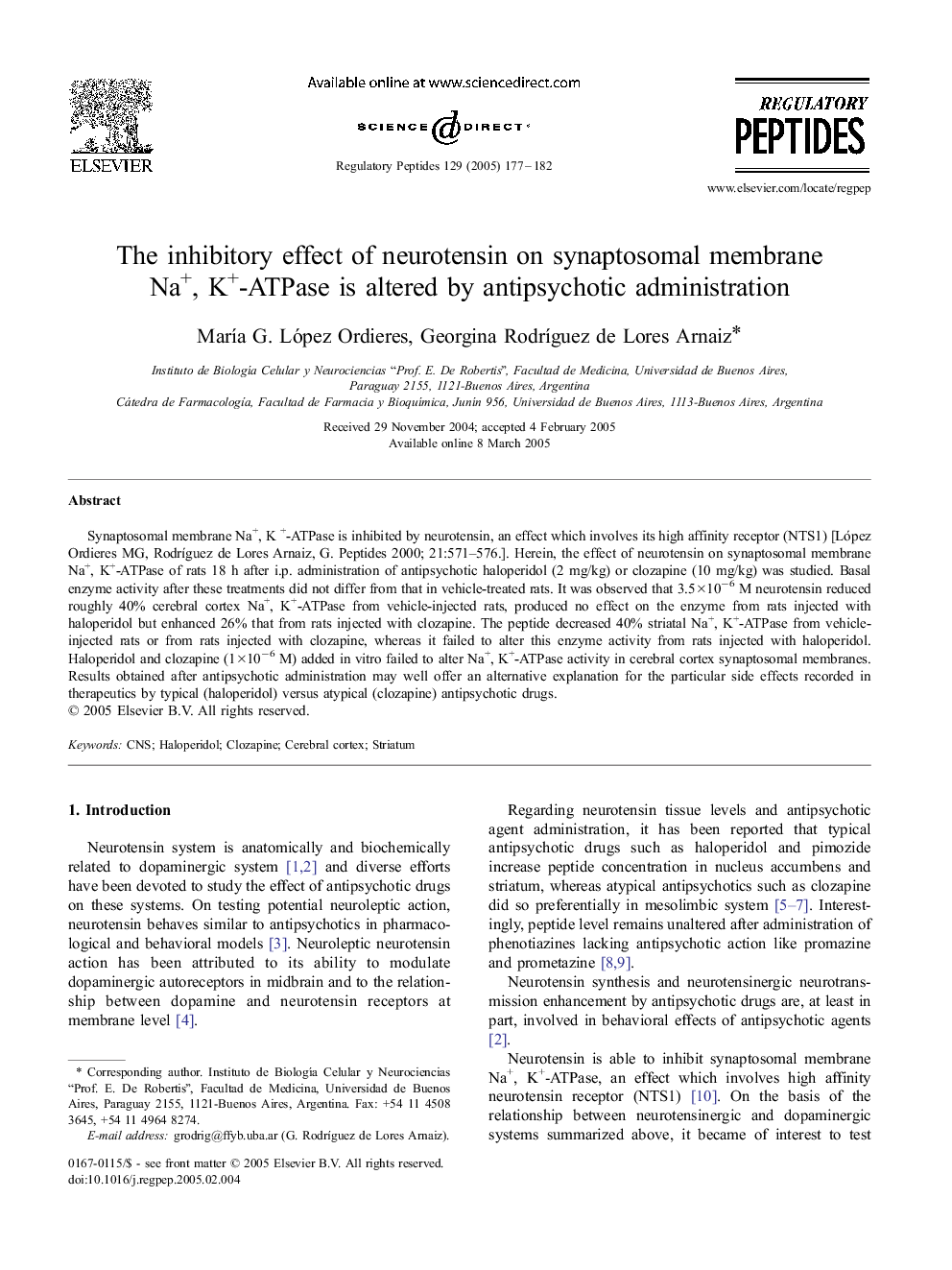 The inhibitory effect of neurotensin on synaptosomal membrane Na+, K+-ATPase is altered by antipsychotic administration