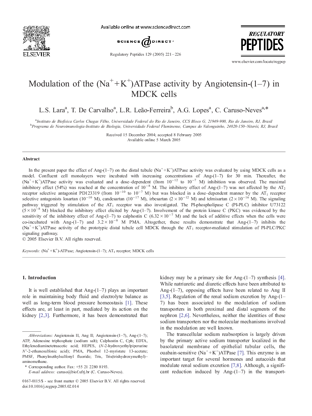 Modulation of the (Na+Â +Â K+)ATPase activity by Angiotensin-(1-7) in MDCK cells