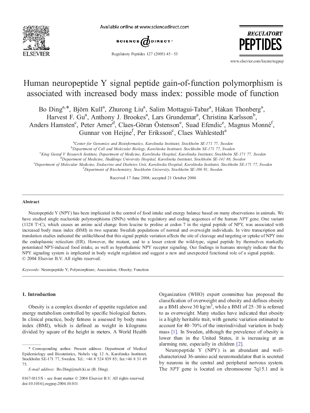 Human neuropeptide Y signal peptide gain-of-function polymorphism is associated with increased body mass index: possible mode of function