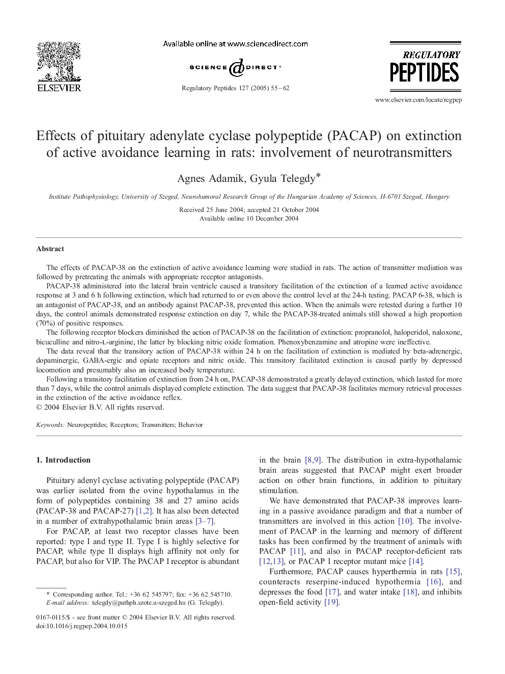 Effects of pituitary adenylate cyclase polypeptide (PACAP) on extinction of active avoidance learning in rats: involvement of neurotransmitters