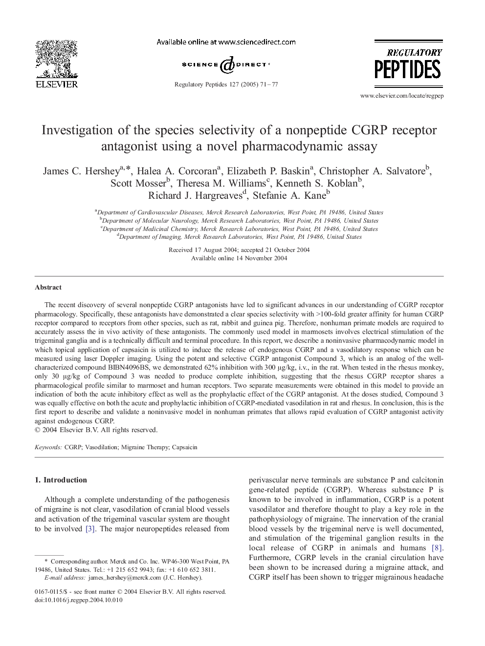 Investigation of the species selectivity of a nonpeptide CGRP receptor antagonist using a novel pharmacodynamic assay