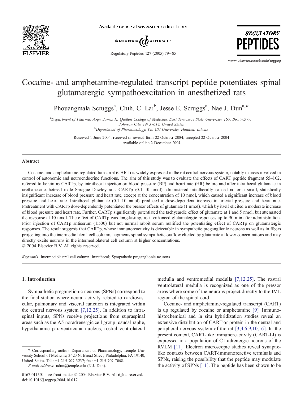 Cocaine- and amphetamine-regulated transcript peptide potentiates spinal glutamatergic sympathoexcitation in anesthetized rats